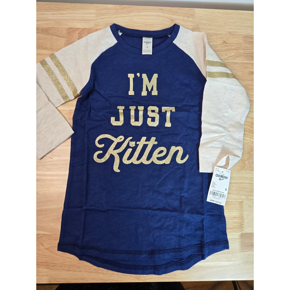 OshKosh Bgosh Girls Navy Blue I'm Just Kitten Gold Glitter Raglan Shirt Size 6